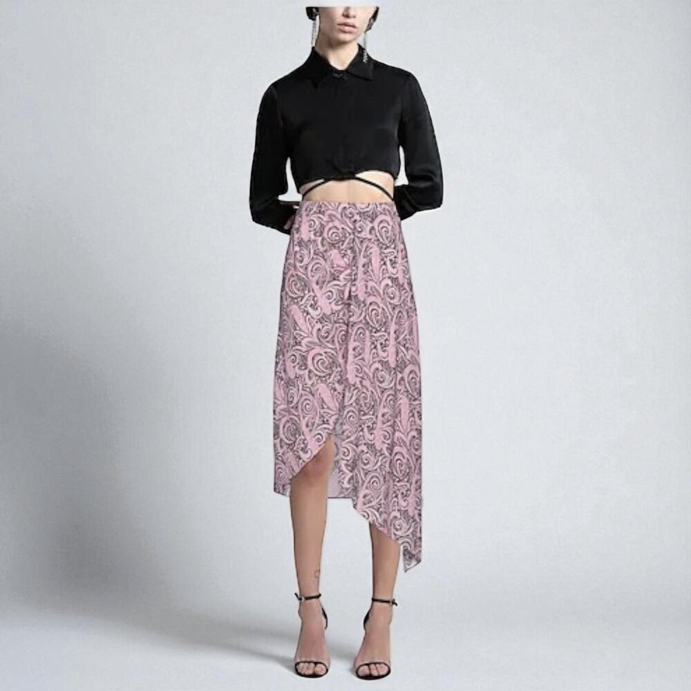 NWT Maje Paris Asymmetric Paisley Midi Skirt Pink Black Viscose EU42 US10/12